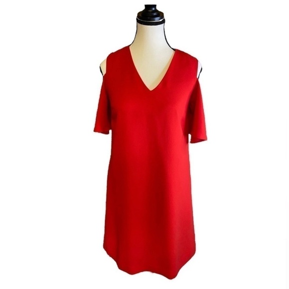 RW&CO Red Cold Shoulder V-neck Mini Shift Dress with Pockets Size XS - Picture 3 of 13